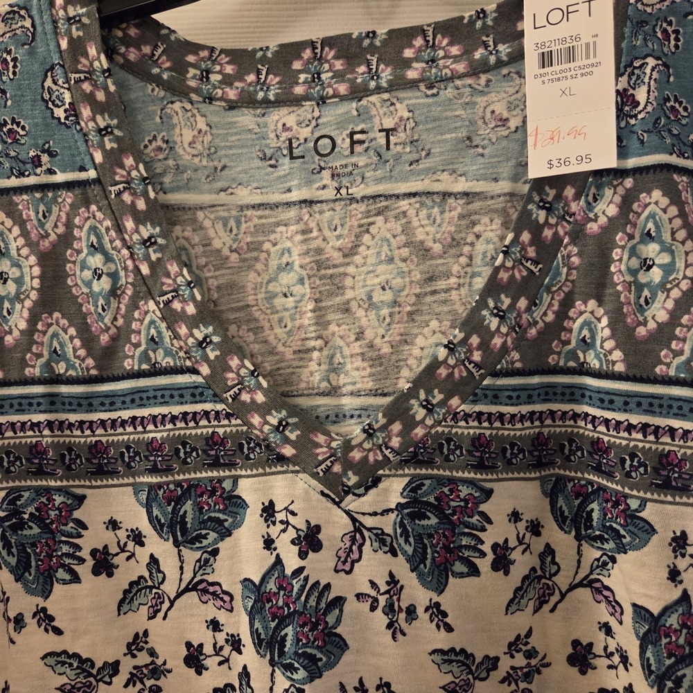 Loft sz XL floral geo print short slv t-shirt NWT boho casual garden spring - Picture 4 of 11